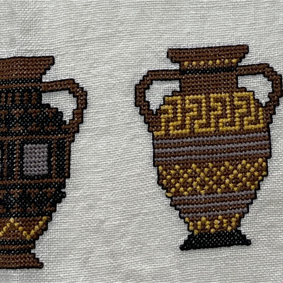 Vintage Cross-stitched Tablecloth (handmade) with playful Grecian Urn design - Picture 6 of 16